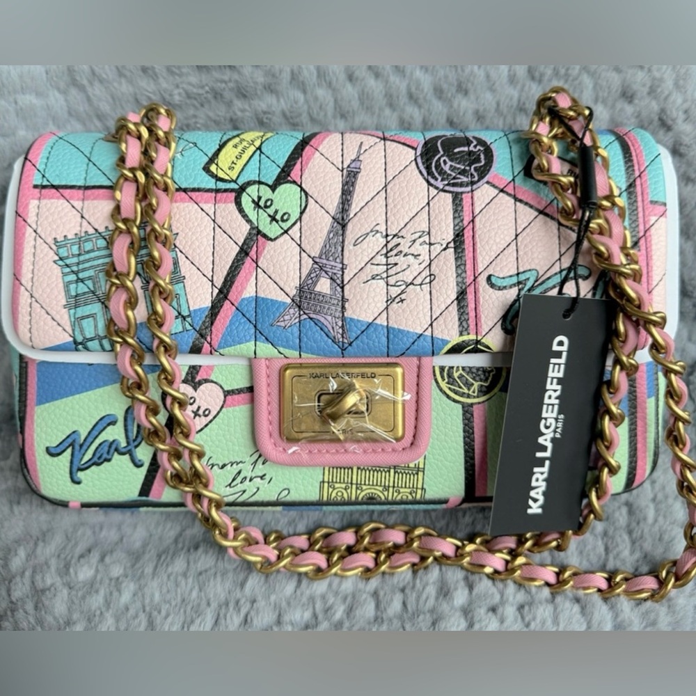 KARL LAGERFELD PARIS Pink City Gold Chain Shoulder Bag Crossbody Purse Turn Lock